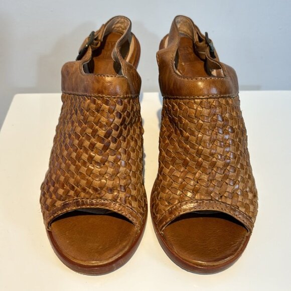 Frye Tan Woven Leather Heeled Sandals - Picture 2 of 14